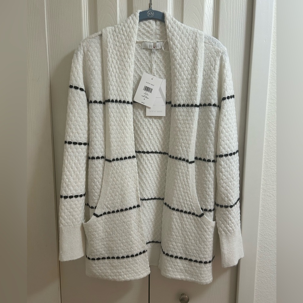 Verve Ami Textured White Cardigan with Black Stripes
